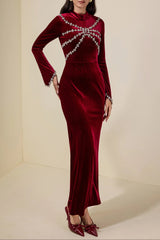 hilary Velvet Rhinestone Long Sleeve Maxi Dress - burgundy
