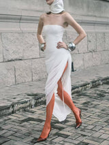 Wanda White Strapless Ruched Asymmetrical Midi Dress