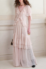 kristin Lace Three-Quarter Sleeve Ruffle maxi Dress - pink