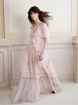 kristin Lace Three-Quarter Sleeve Ruffle maxi Dress - pink