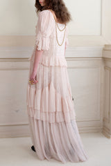 kristin Lace Three-Quarter Sleeve Ruffle maxi Dress - pink