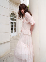 kristin Lace Three-Quarter Sleeve Ruffle maxi Dress - pink
