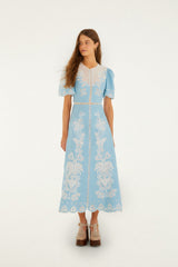 Light Blue Embroidered Euroflax™ Premium Linene Midi Dress