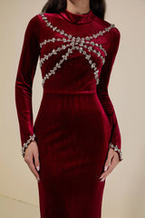 hilary Velvet Rhinestone Long Sleeve Maxi Dress - burgundy