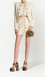 LION BUTTON FRINGED TWEED STAND COLLAR JACKET