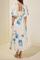 susie Print Smocking Puff Sleeve Midi Dress - blue