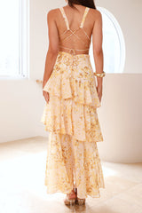 v-neck Waves floral print backless Maxi Dress - Yellow