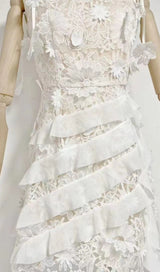 3D FLORAL-EMBELLISHED LACE STRAPPY MINI DRESS IN WHITE