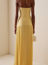 Pale Yellow Strapless Textured Pleated Floor-Length Maxi Gown