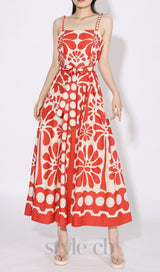 STRAP PRINTED MIDI DRESS IN RED