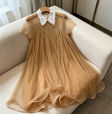 Blair Babydoll Sheer Pleated Tulle Dress with Lace Collar