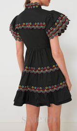 WAVY RUCHED TRIM MINI DRESS IN BLACK