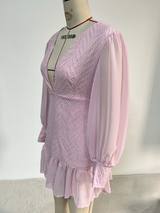 Lantern sleeve deep V-neck hollowed-out mini dress - pink