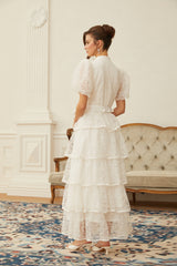 White Lace Tiered Midi Dress with Puff Sleeves and Sash Belt