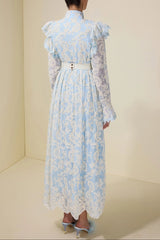 alma Chiffon Embroidered Single Breasted Midi Dress With Belt - blue