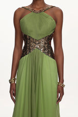 virginia green Halter Pleated Cut Out Sequin Maxi Dress
