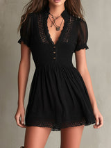 Classic Muse Smocked Lace-Trim Black Mini Dress