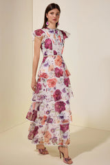zenobia Floral Lace Ruffle Maxi Dress - white