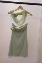 Alara Sage Green Chiffon One-Shoulder Floral Midi Dress