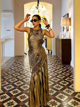 jennifer Hot stamping pleated sleeveless maxi dress