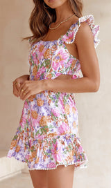 SQUARE NECK FLORAL RUFFLED MINI DRESS