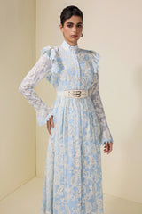 alma Chiffon Embroidered Single Breasted Midi Dress With Belt - blue