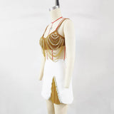 MIRIAM KHAKI METAL PEARL CHAIN TASSEL MINI SKIRT SET
