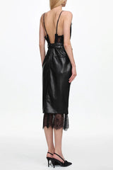 julia black V Neck Sleeveless Lace Faux Leather Midi Dress