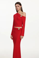 vicky metal flower Asymmetrical Long Sleeve Top skirt set - red