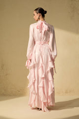 pandora Puff Sleeve Ruffle Trim Maxi Dress in pink