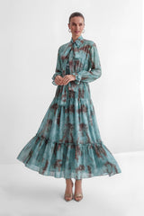 kristin Teal Printed Tiered Ruffle Maxi Dress - green