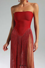 helen Bodysuit Fringe Strapless mini Dress in red