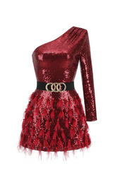 ONE-SHOULDER FEATHER SEQUINS MINI DRESS