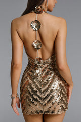 sabrina Halter Floral Sequin Mini Dress in gold
