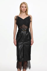 julia black V Neck Sleeveless Lace Faux Leather Midi Dress