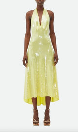 SEQUIN HALTER NECK A-LINE BACKLESS MIDI DRESS