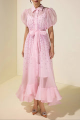 sylvia Rhinestone Puff Sleeve Maxi Dress With Belt - pink