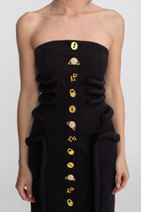 Black Midi Dress With Sculptural Knotted Bodice Detail And Jewel Buttons - Black