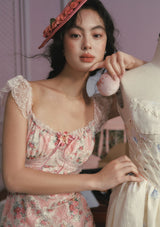 julie floral print lace trim midi dress - pink