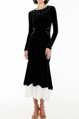 zona black Beaded irregular hem velvet fishtail maxi dress