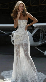 rita ivory sheer lace corset maxi dress with draped neckline