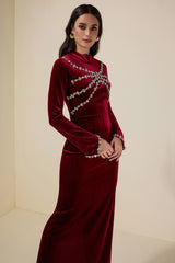 hilary Velvet Rhinestone Long Sleeve Maxi Dress - burgundy