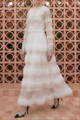 kimberley white Beaded Frill Round Neck Midi Dress