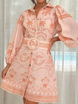 rita Printed Button Down Shirt mini Dress with Belt