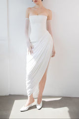 Wanda White Strapless Ruched Asymmetrical Midi Dress