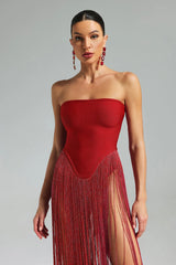 helen Bodysuit Fringe Strapless mini Dress in red