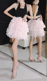 SLEEVELESS HALTER DRESS WITH PINK FLOWERS IN BLACK