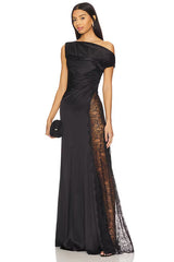sara black Asymmetrical pleated maxi dress with side slit lace trim