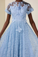 selena Lace Butterfly Pleated Midi Dress - blue