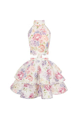 jessica printed backless halter top skirt set in pink